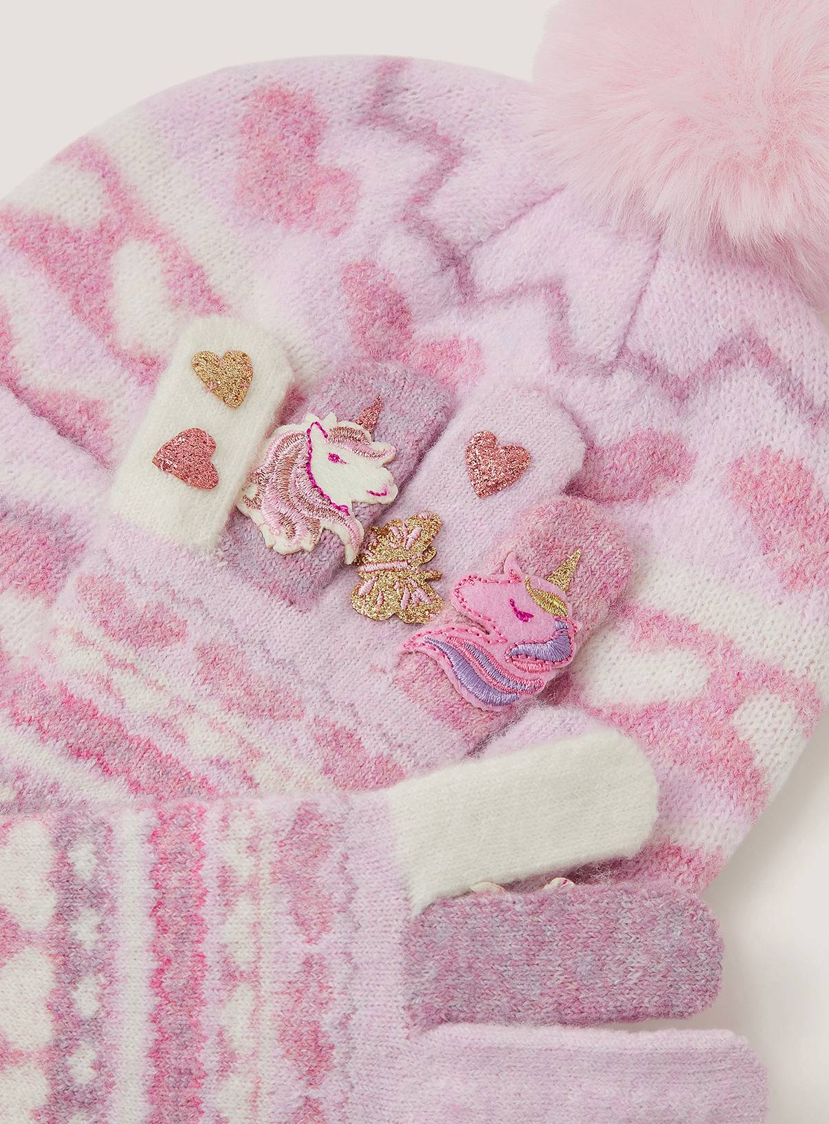 MONSOON Unicorn Bobble Hat and Gloves Set 6-13 Years - Image 3